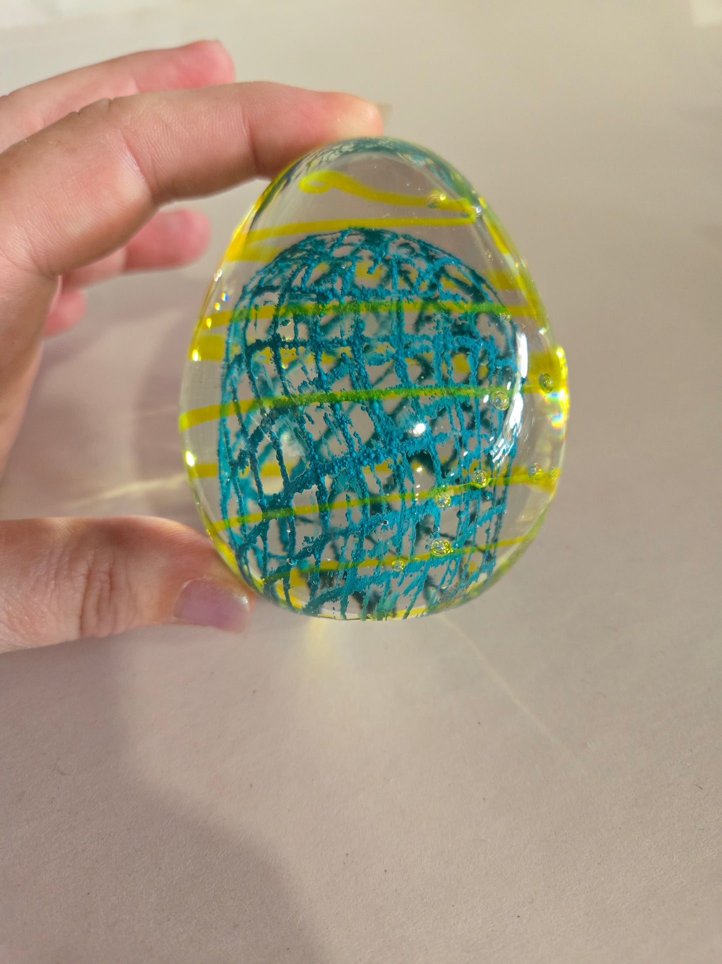 Vintage Art Glass Yellow Swirl Teal Lattice Egg Shaped Paperweight