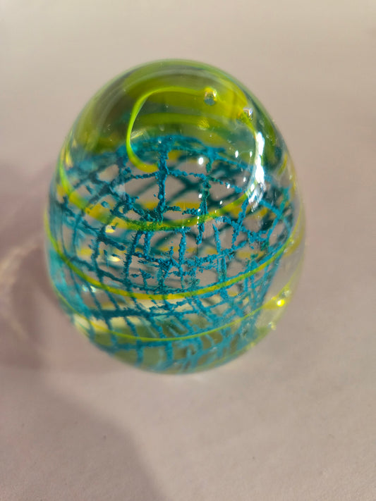 Vintage Art Glass Yellow Swirl Teal Lattice Egg Shaped Paperweight