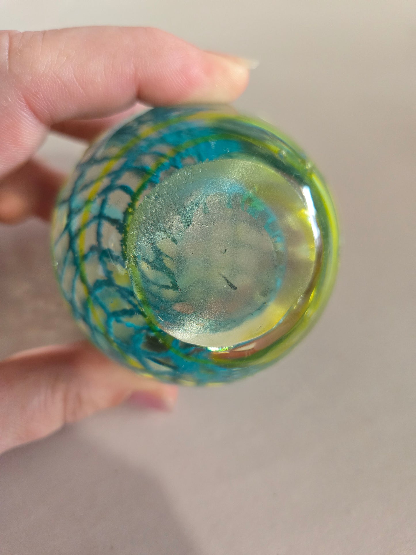 Vintage Art Glass Yellow Swirl Teal Lattice Egg Shaped Paperweight