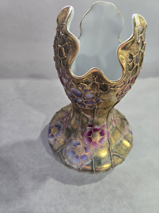 Vintage Nippon Porcelain Vase w/ Hand Painted Raised Flowers