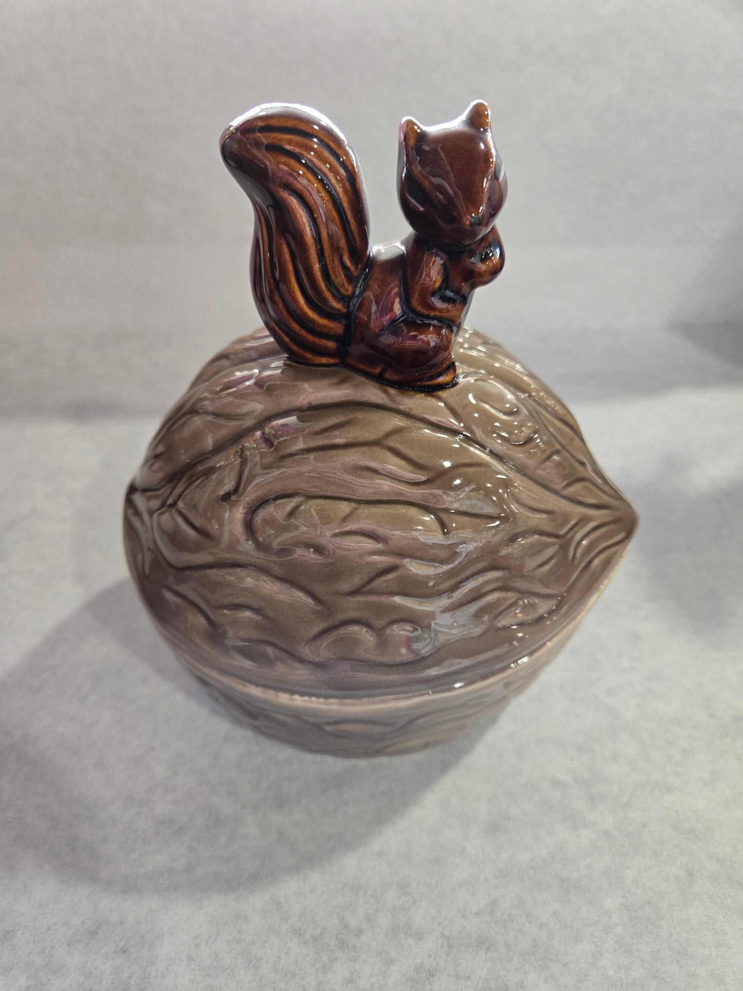 Vintage 1970's Ceramic Squirrel on Walnut Covered Dish