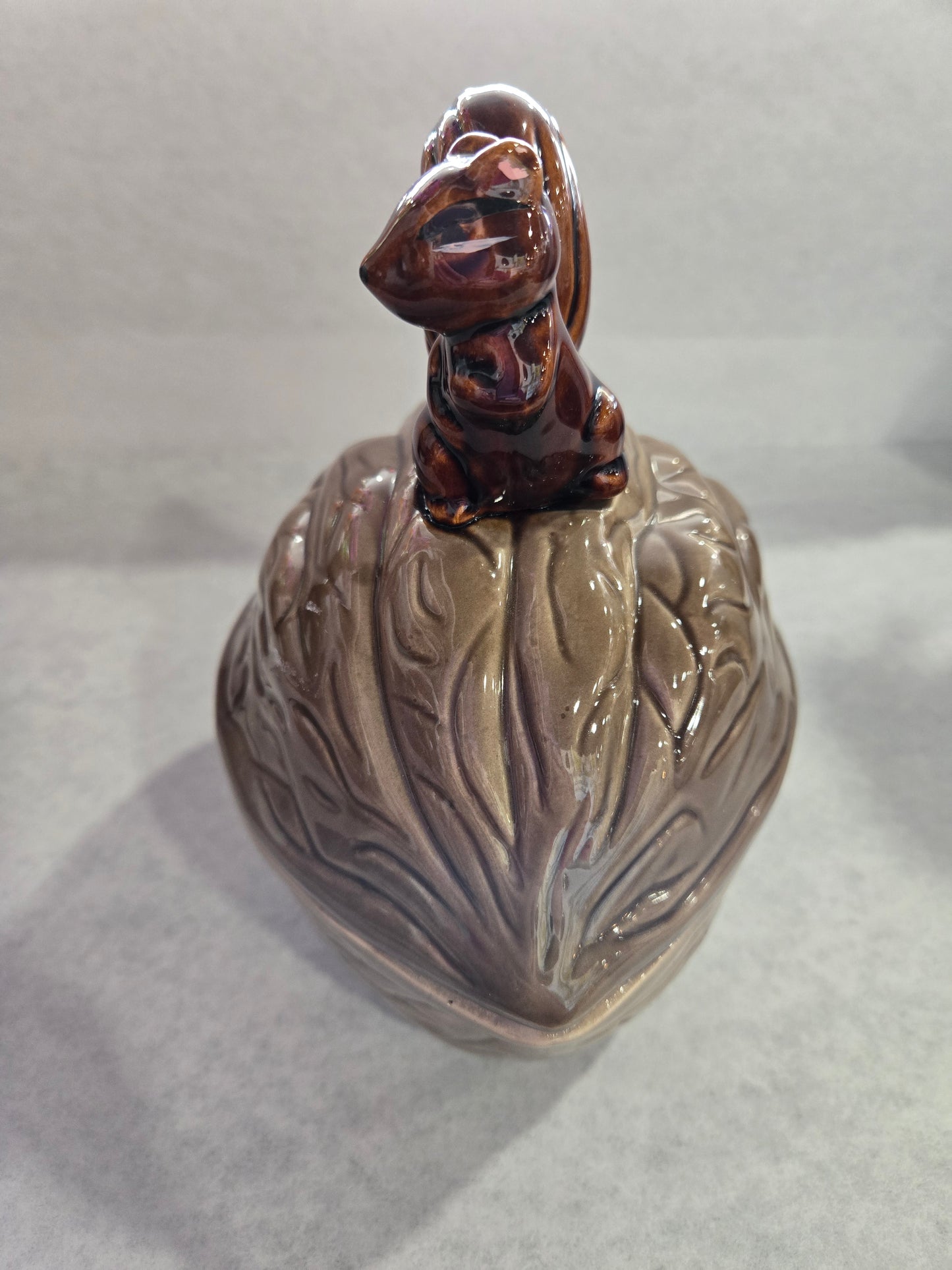 Vintage 1970's Ceramic Squirrel on Walnut Covered Dish