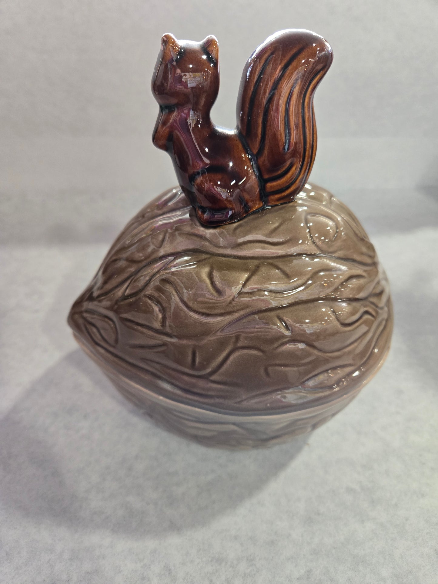 Vintage 1970's Ceramic Squirrel on Walnut Covered Dish