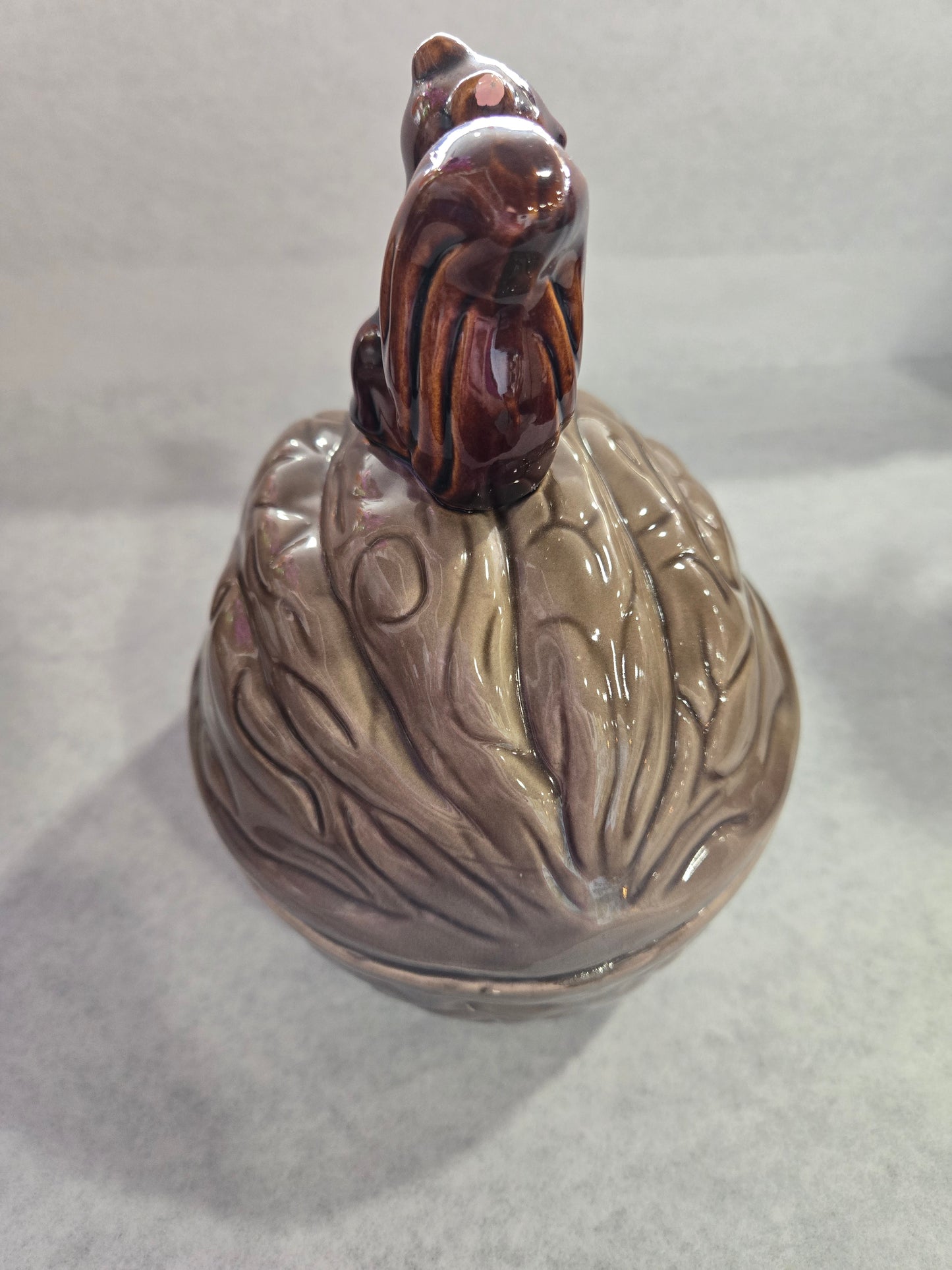 Vintage 1970's Ceramic Squirrel on Walnut Covered Dish