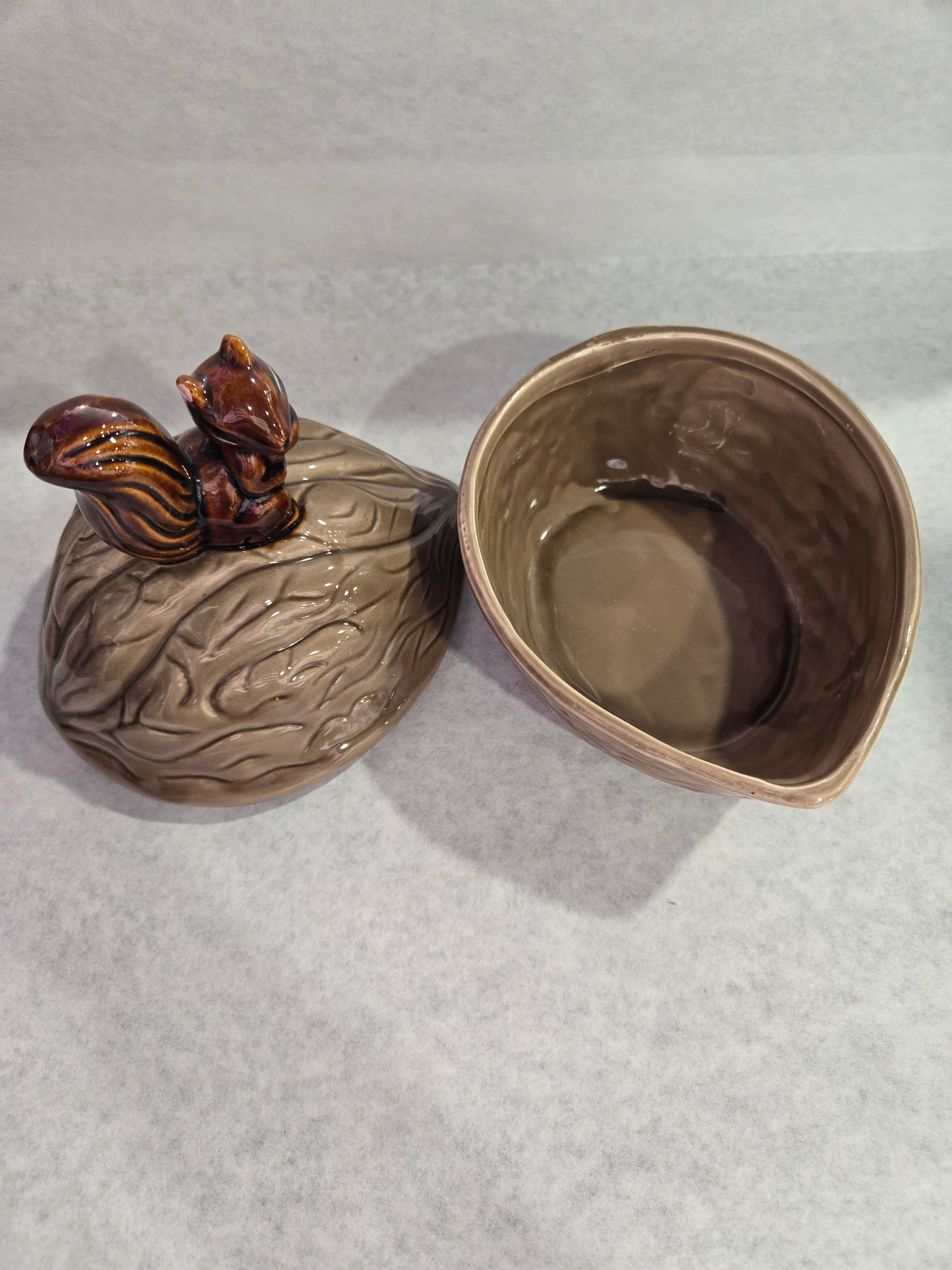 Vintage 1970's Ceramic Squirrel on Walnut Covered Dish