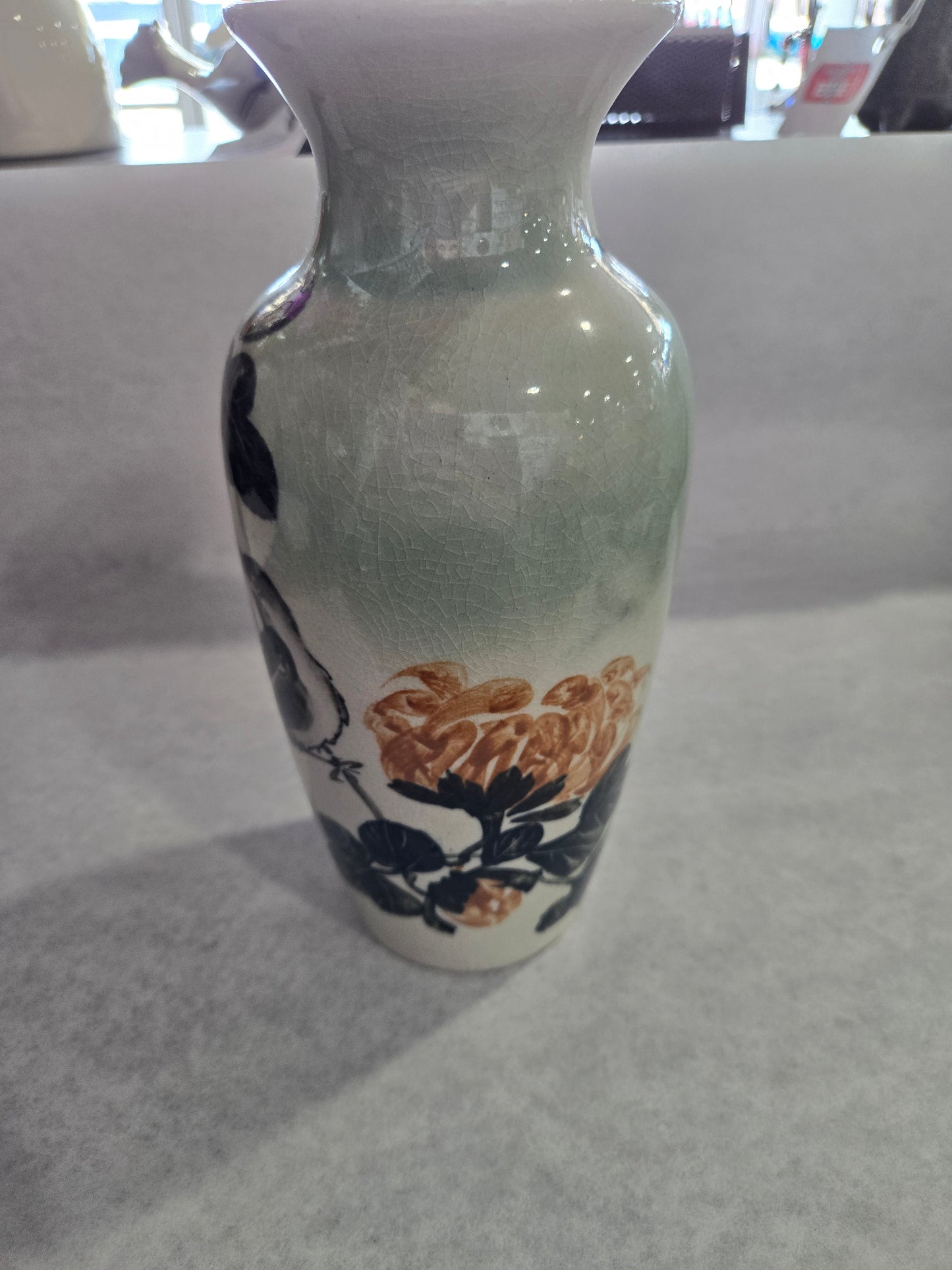 Hand Painted Oriental Bird & Flower signed Vase