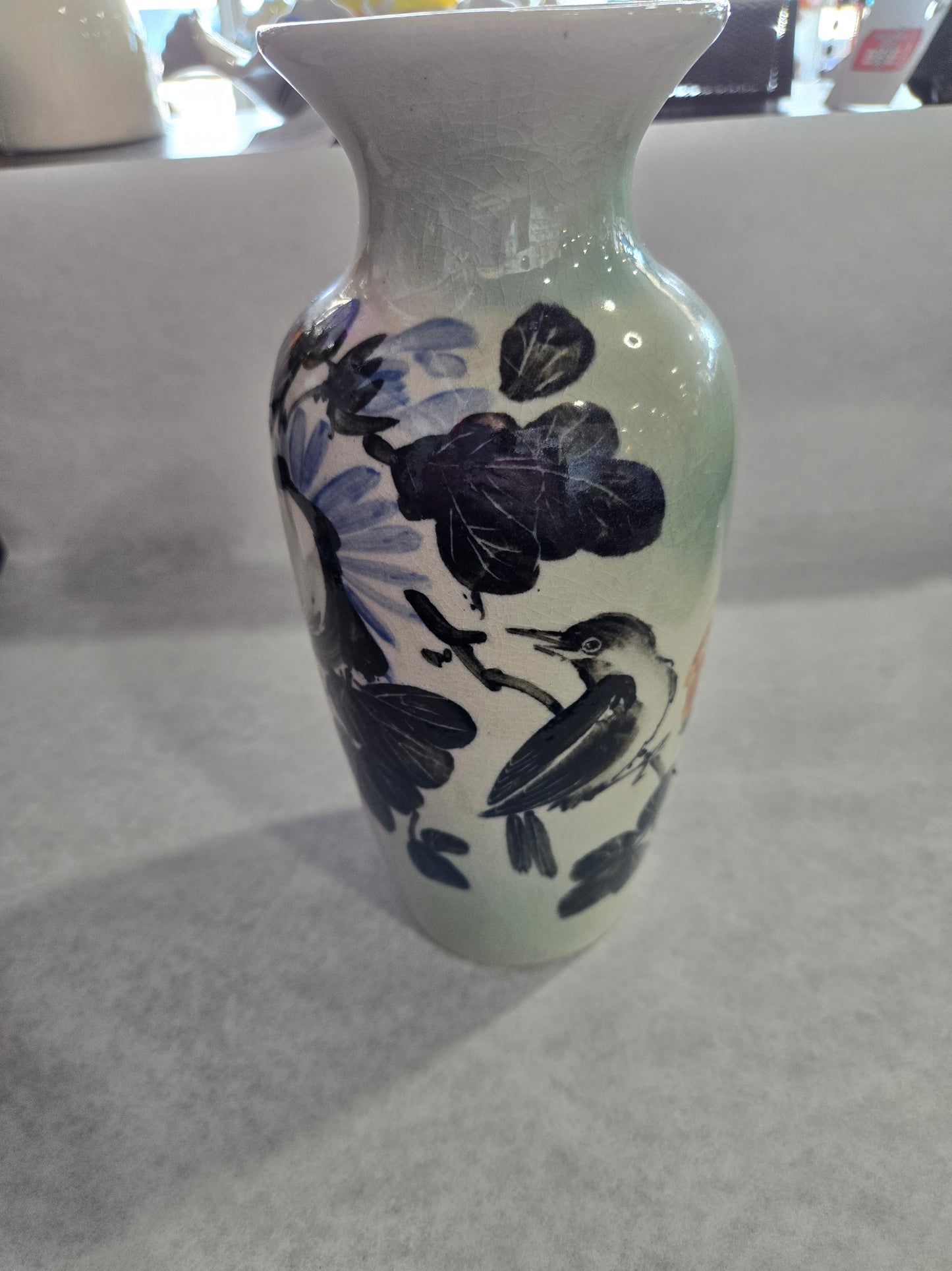 Hand Painted Oriental Bird & Flower signed Vase