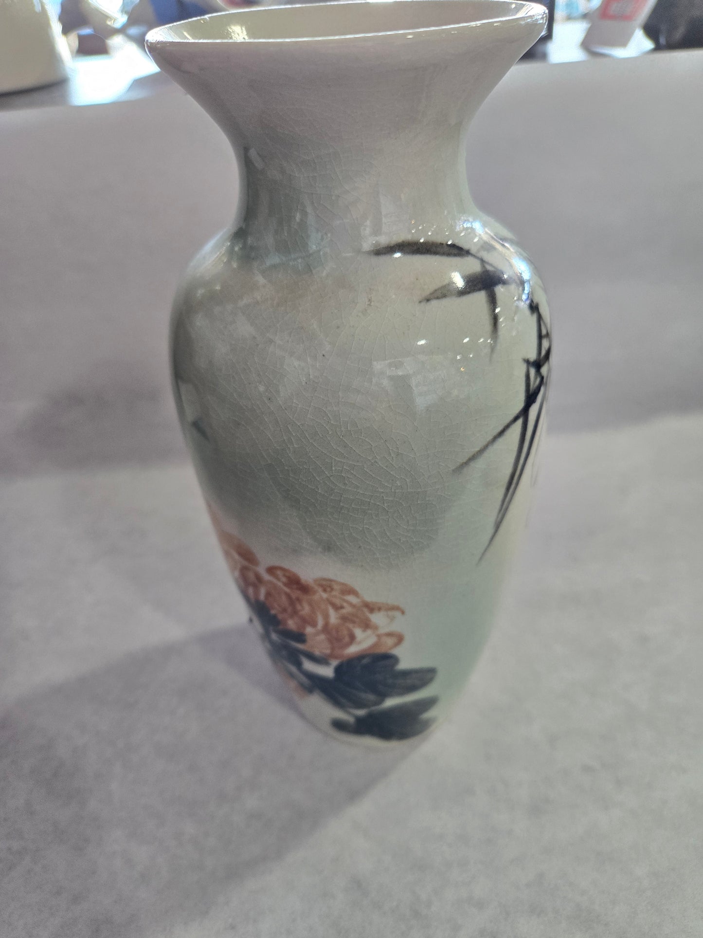 Hand Painted Oriental Bird & Flower signed Vase