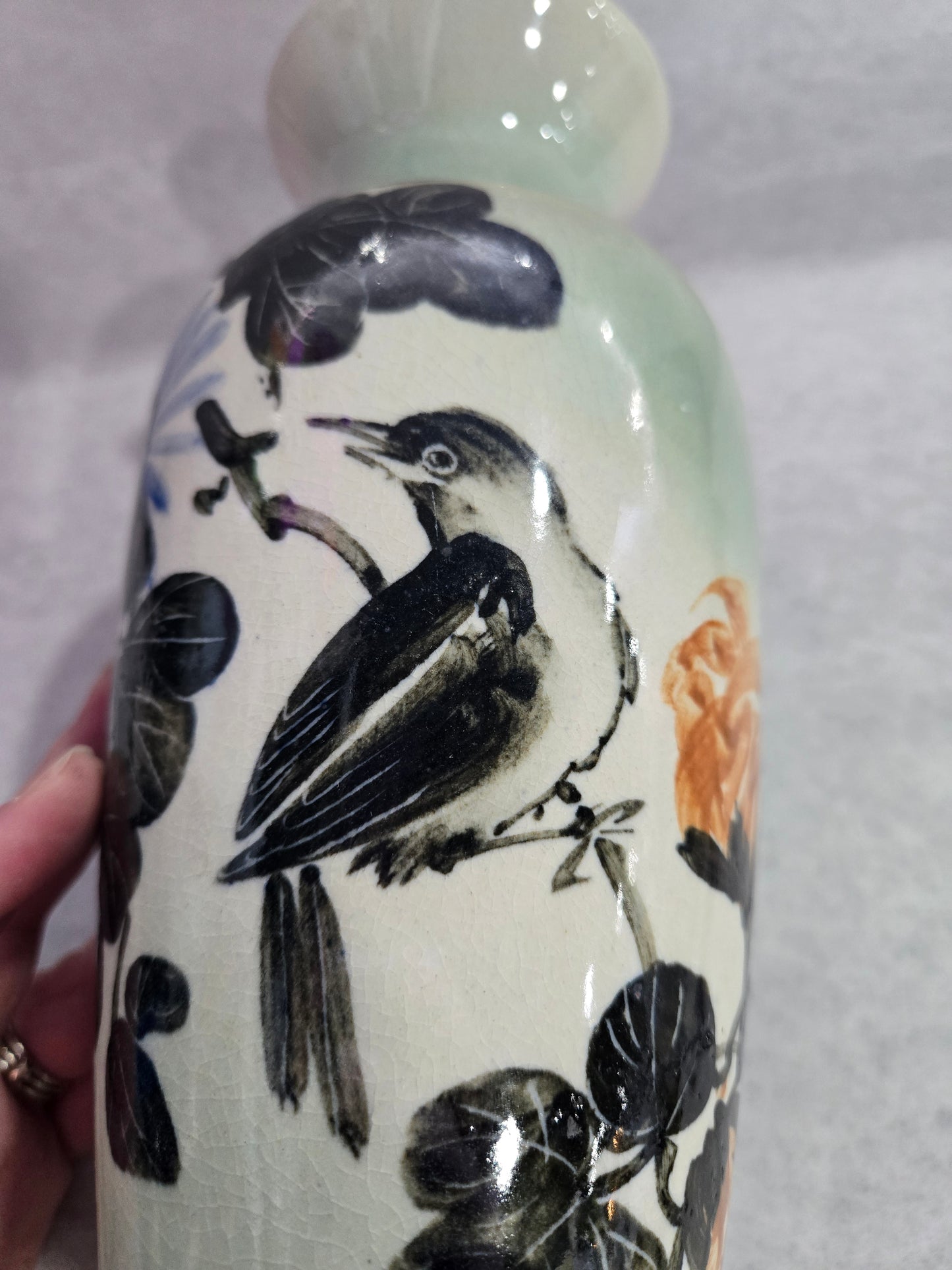 Hand Painted Oriental Bird & Flower signed Vase