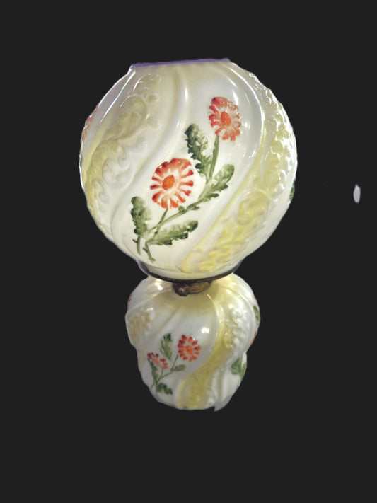 Vintage Hurricane Oil Lamp- Milk Glass Embossed Swirl Design w/ Hand Painted Flowers