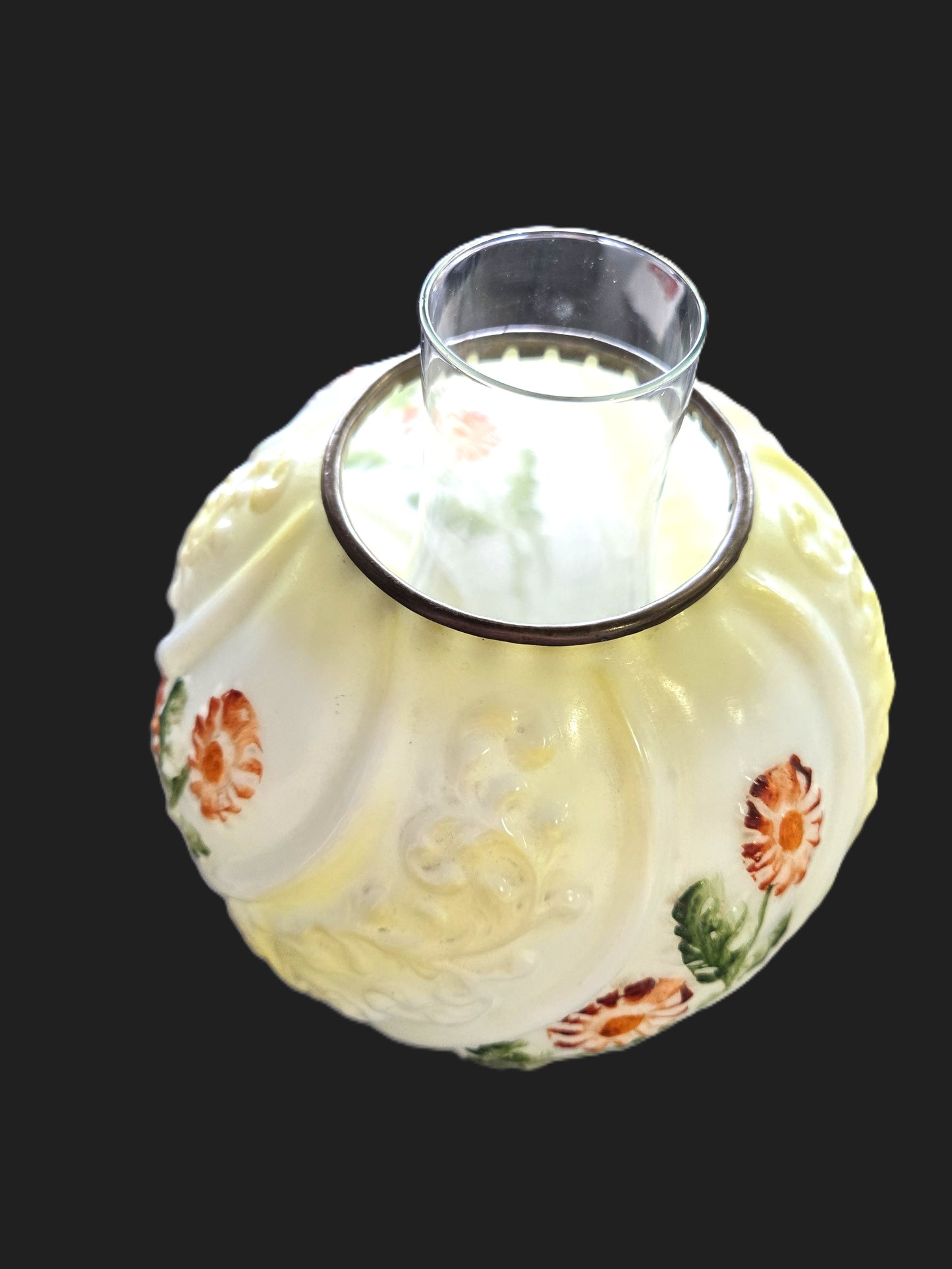 Vintage Hurricane Oil Lamp- Milk Glass Embossed Swirl Design w/ Hand Painted Flowers