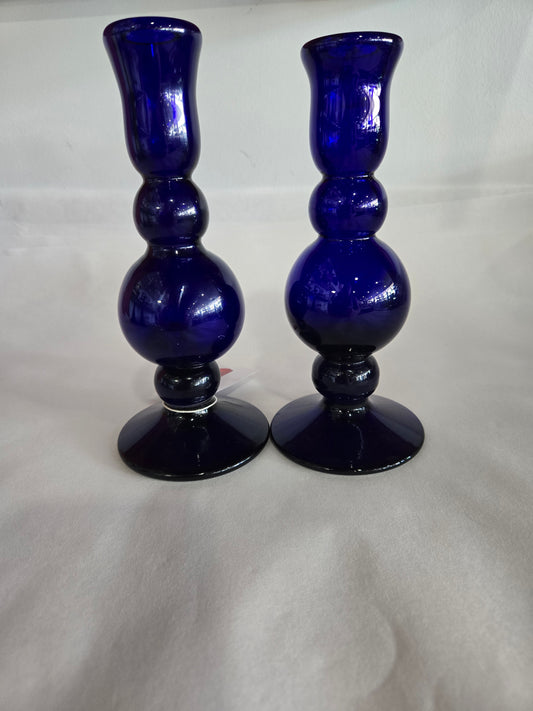 Vintage Blue Bristol Cobalt Glass Candlesticks