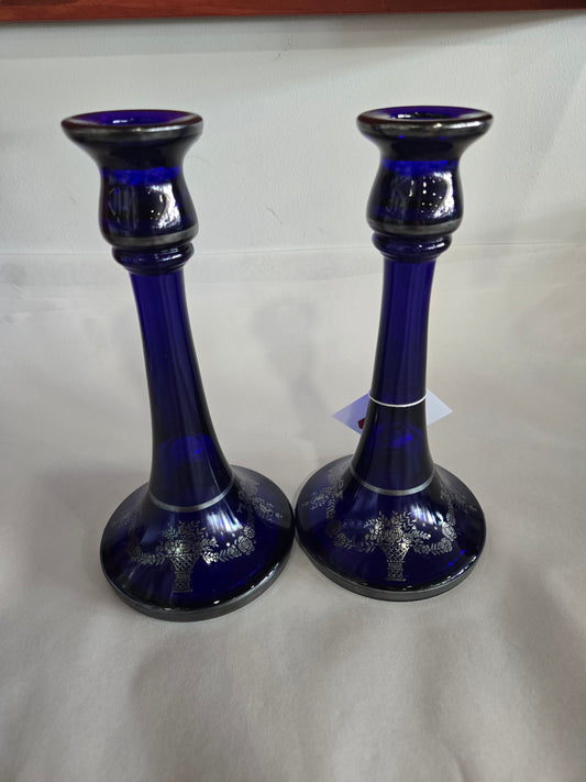 Vintage Cobalt Blue Glass Candlesticks w/ Silver Overlay