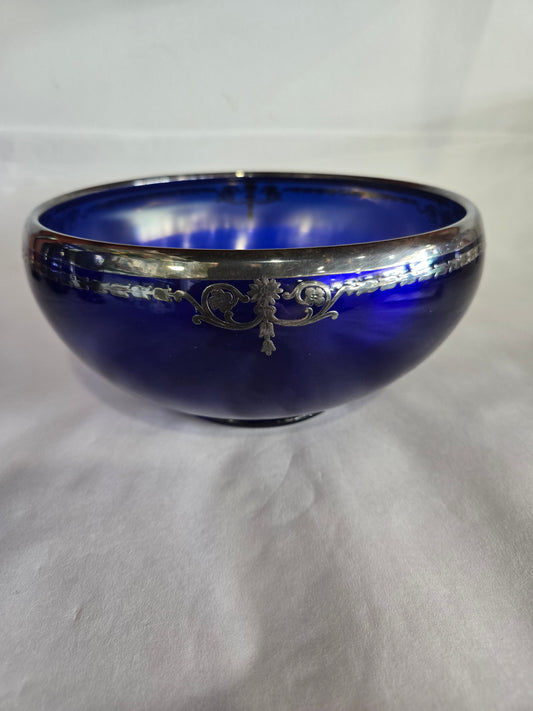 A 'Rockwell Silver Overlay Cobalt Blue Egyptian Revival Bowl- 1930's
