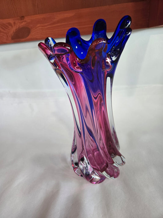 Vintage Murano Hand Blown Pink & Blue Twisted Art Glass Swung Vase