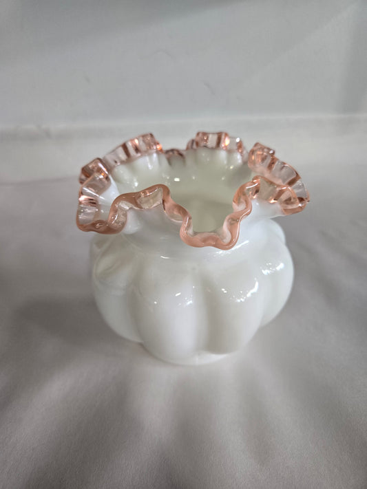 Vintage Fenton white vase with light pink ruffle