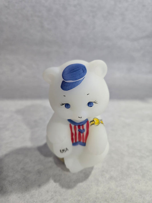 Vintage Fenton USA Opal Satin Red, White, Blue Bear