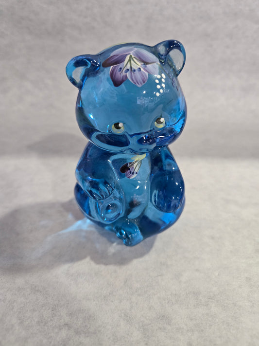 Vintage Fenton Ice Blue Bear with Hand Painted Flowers