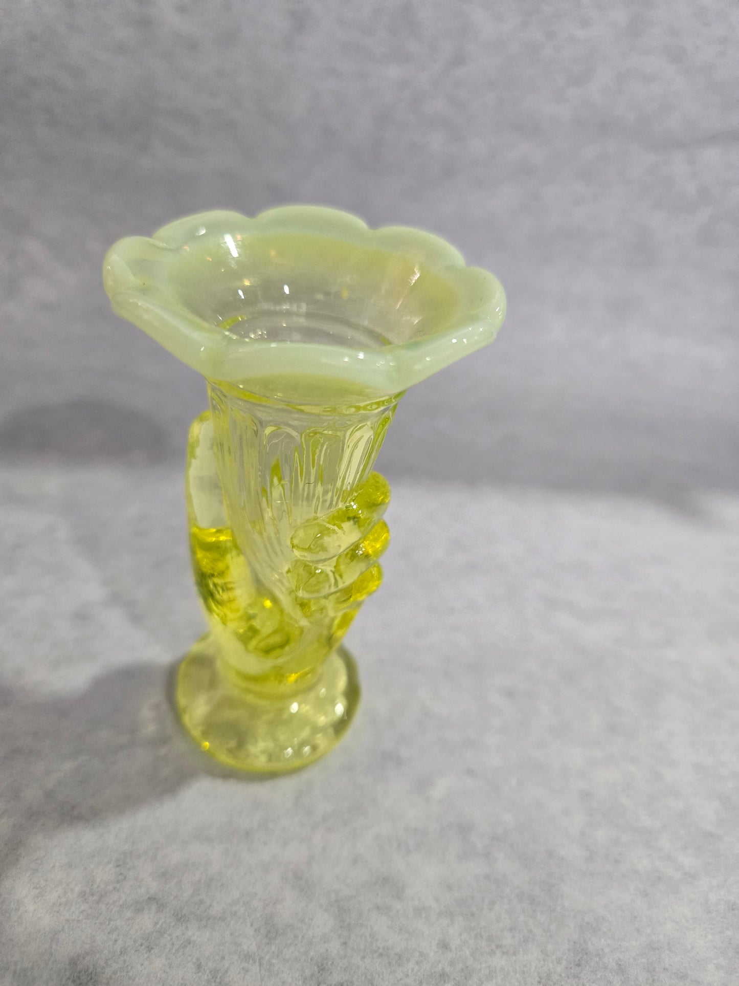 Vintage Fenton Vaseline Hand Bud Vase