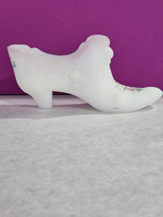 Vintage Fenton Milk Glass Shoe- Cabbage Rose Design
