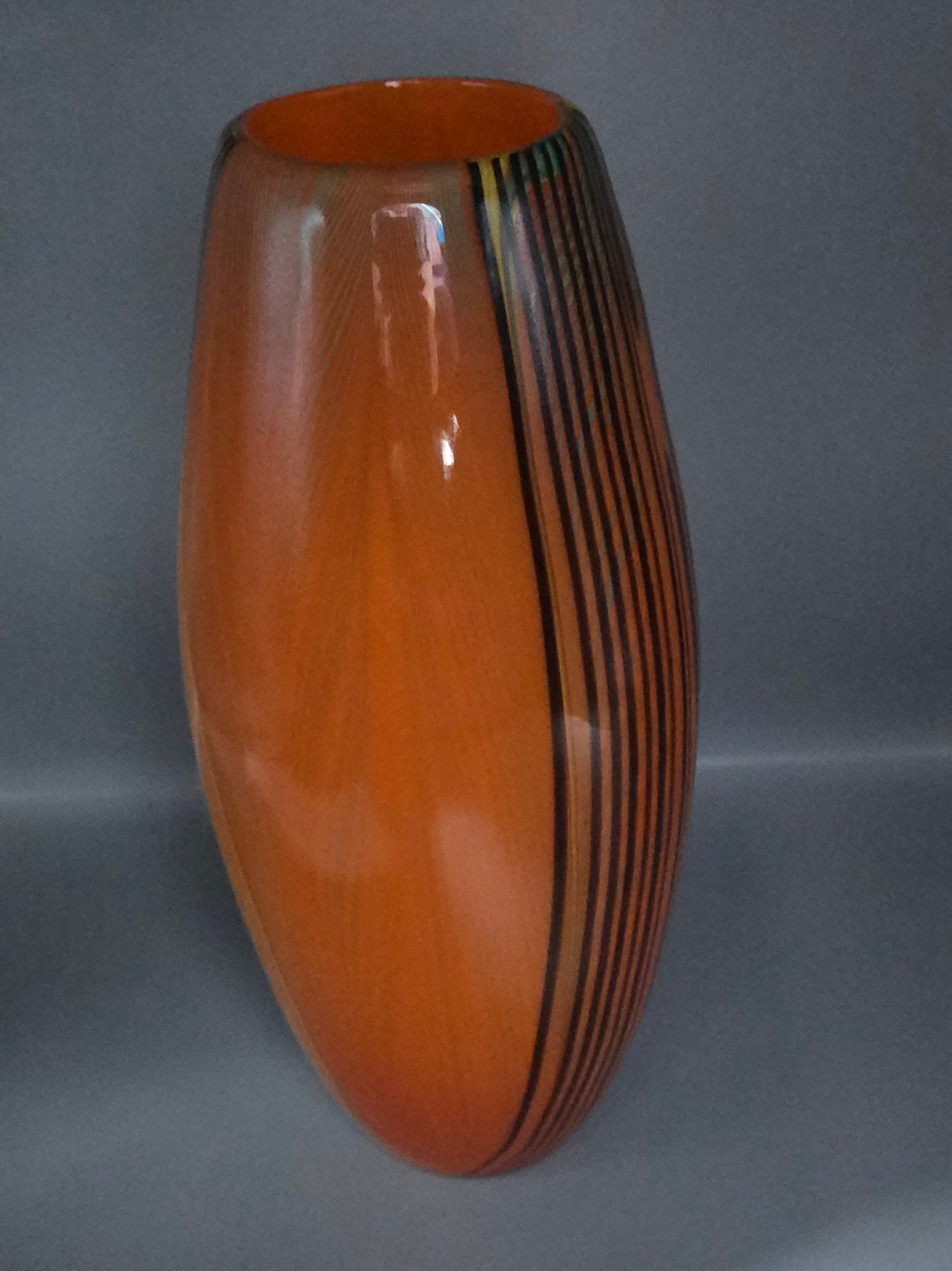 Murano Style Art Glass Vase- Orange with Black Stripes