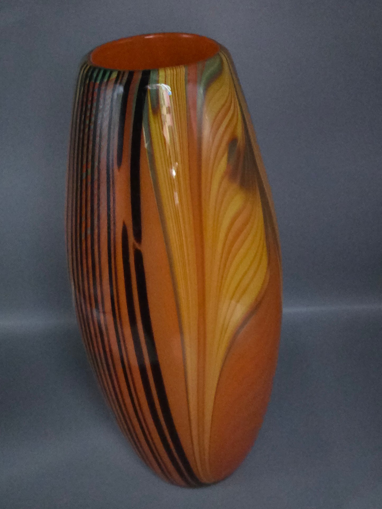 Murano Style Art Glass Vase- Orange with Black Stripes