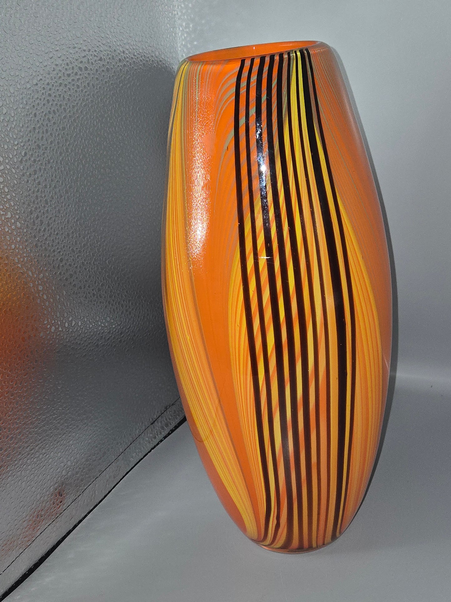 Murano Style Art Glass Vase- Orange with Black Stripes