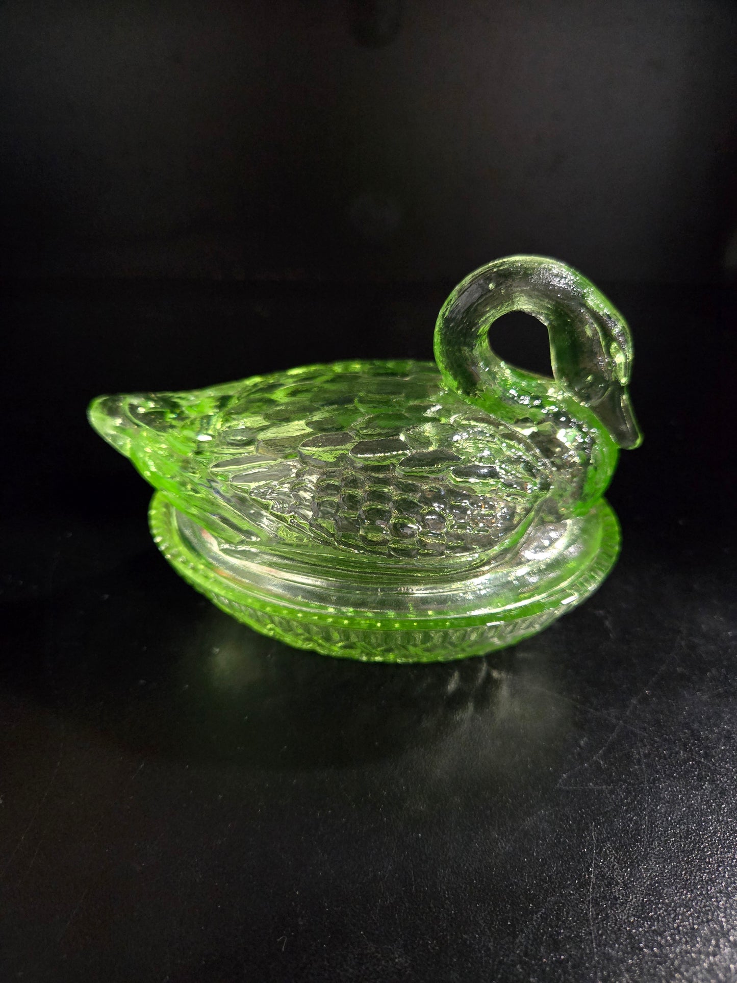Vintage Vaseline Uranium glass Swan on Nest
