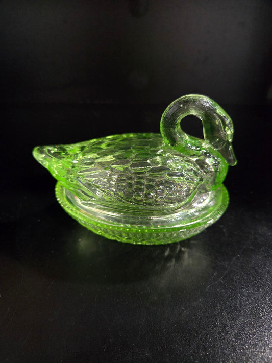 Vintage Vaseline Uranium glass Swan on Nest