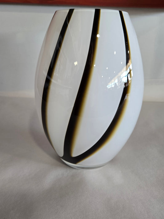 Vintage White Glass with Brown Swirl Vase 9"
