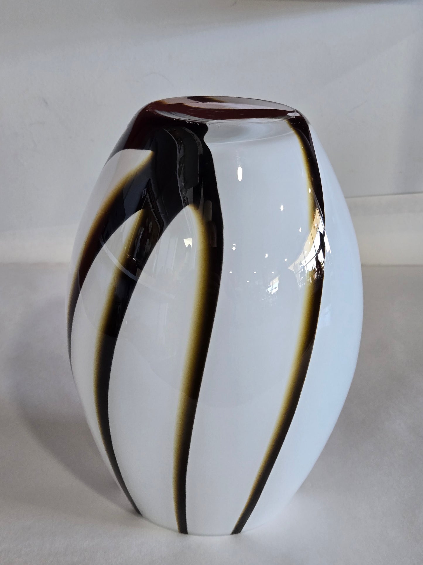 Vintage White Glass with Brown Swirl Vase 9"