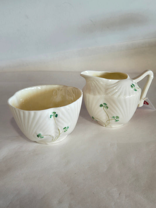 Vintage  Irish Belleek shamrock creamer & sugar dish