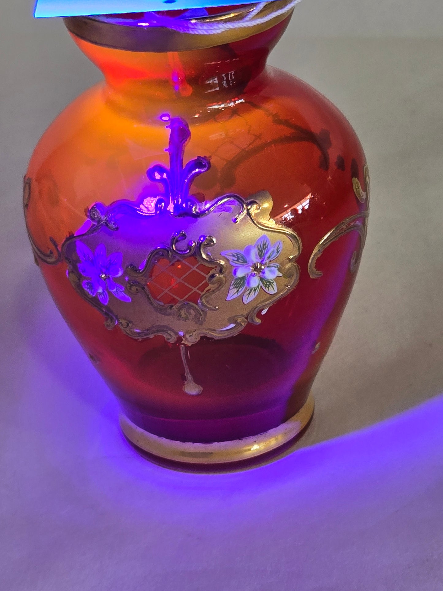 Vintage Ruby Red Murano 5" Bud Vase w/ Gold accents & flowers