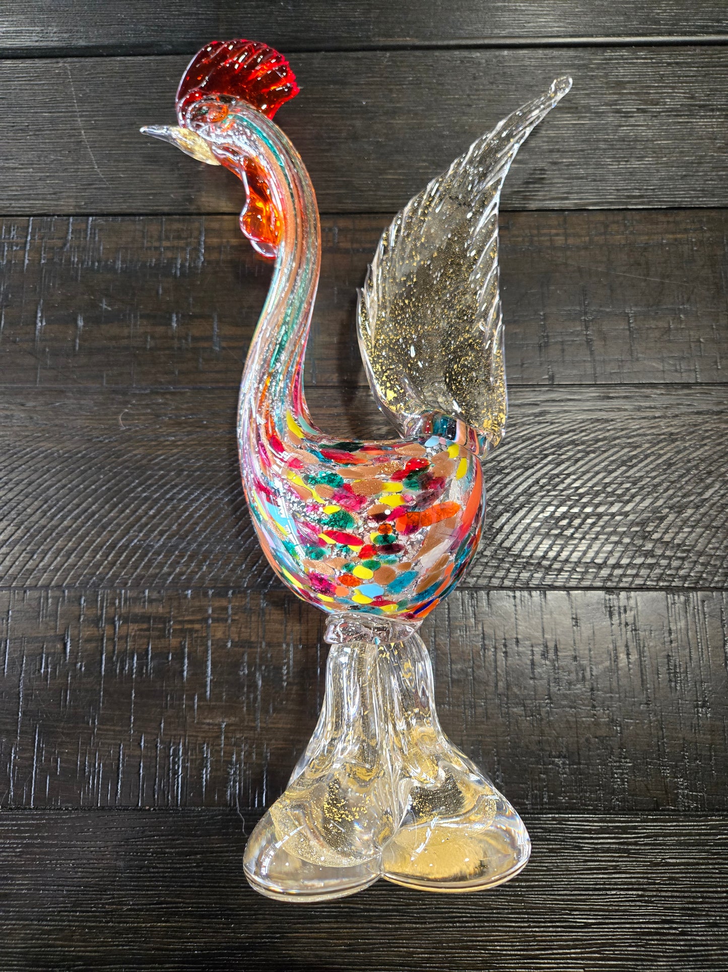 Mid Century Murano Glass Rooster- Multicolor with gold flecks