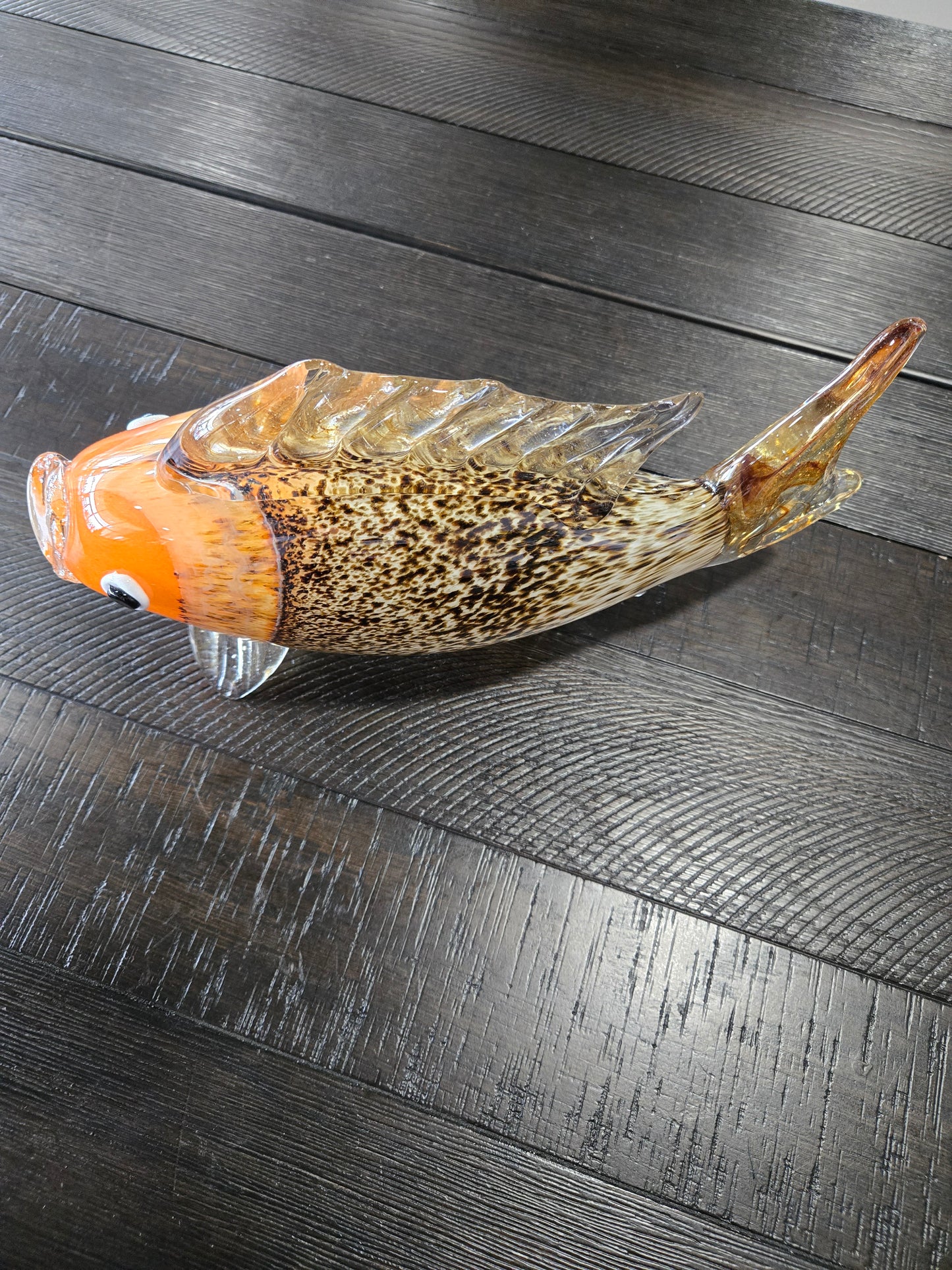 Vintage Hand Blown Murano Glass Fish w/ Orange Head and Speckled Body