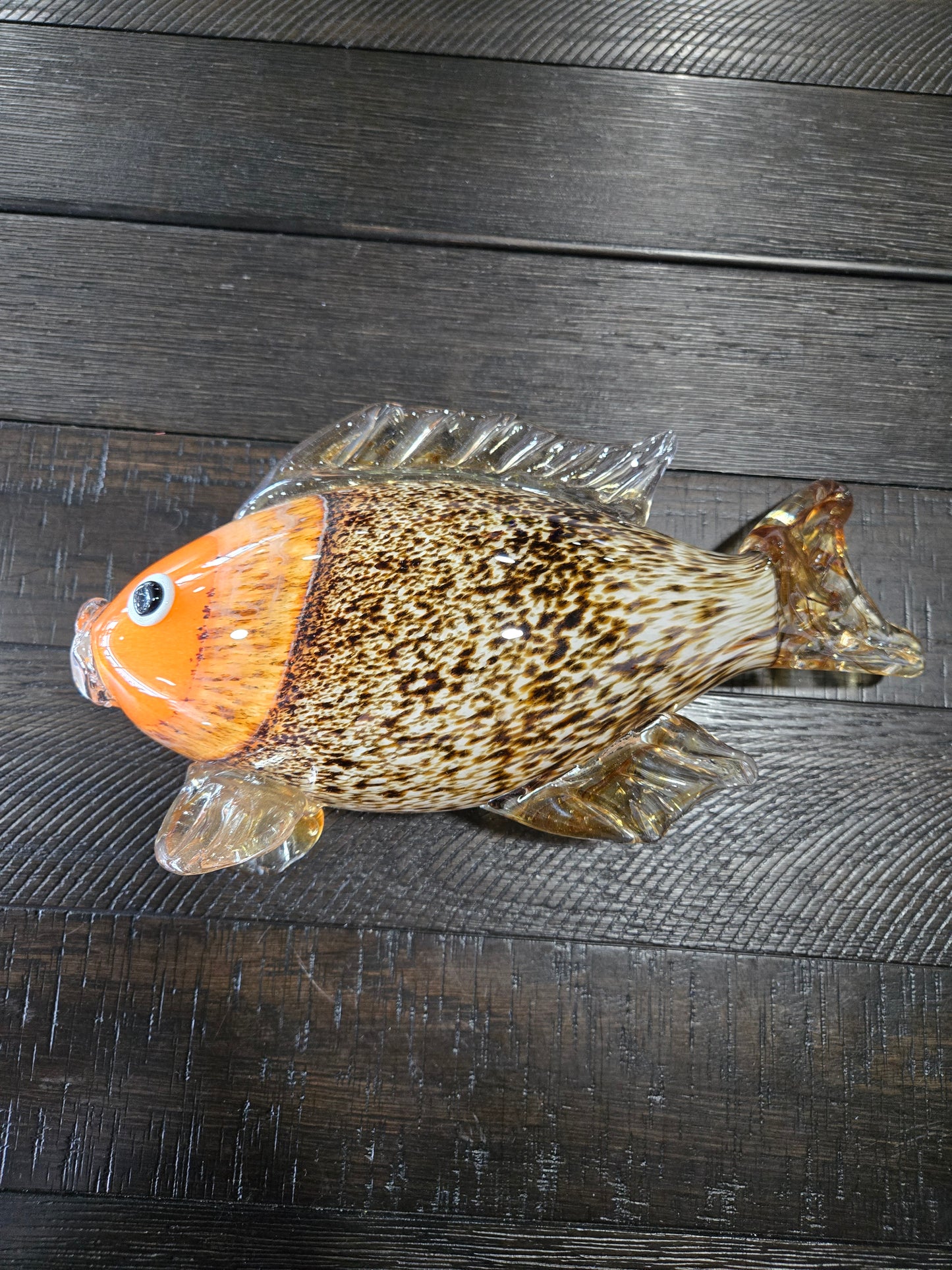 Vintage Hand Blown Murano Glass Fish w/ Orange Head and Speckled Body