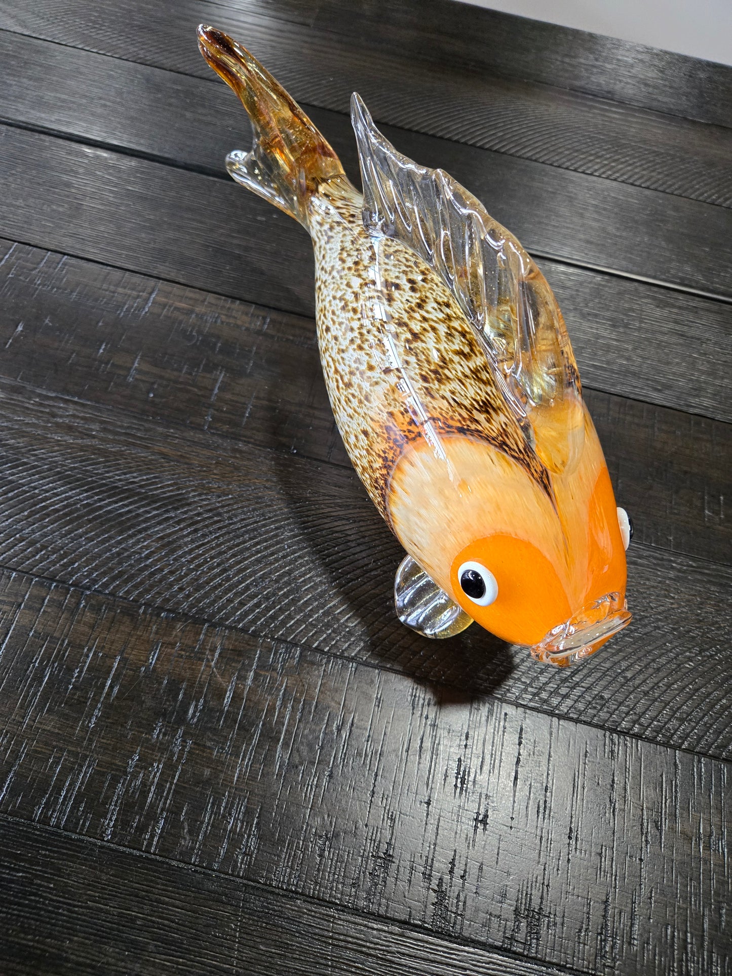 Vintage Hand Blown Murano Glass Fish w/ Orange Head and Speckled Body