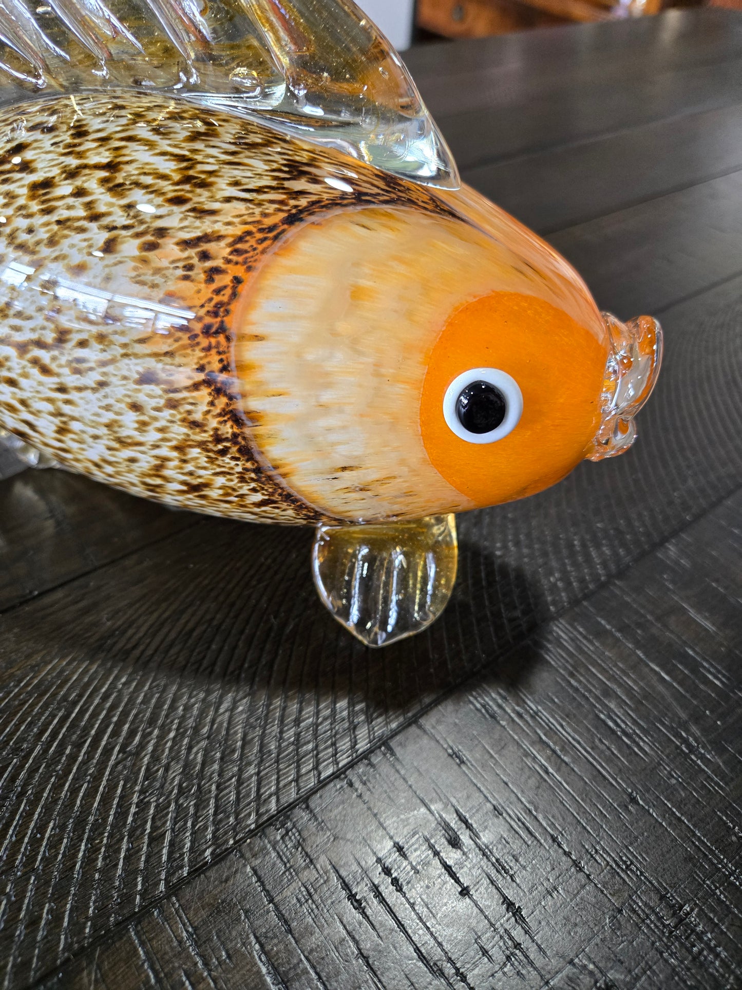 Vintage Hand Blown Murano Glass Fish w/ Orange Head and Speckled Body