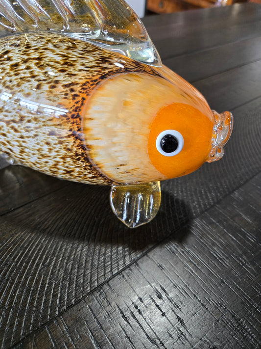Vintage Hand Blown Murano Glass Fish w/ Orange Head and Speckled Body