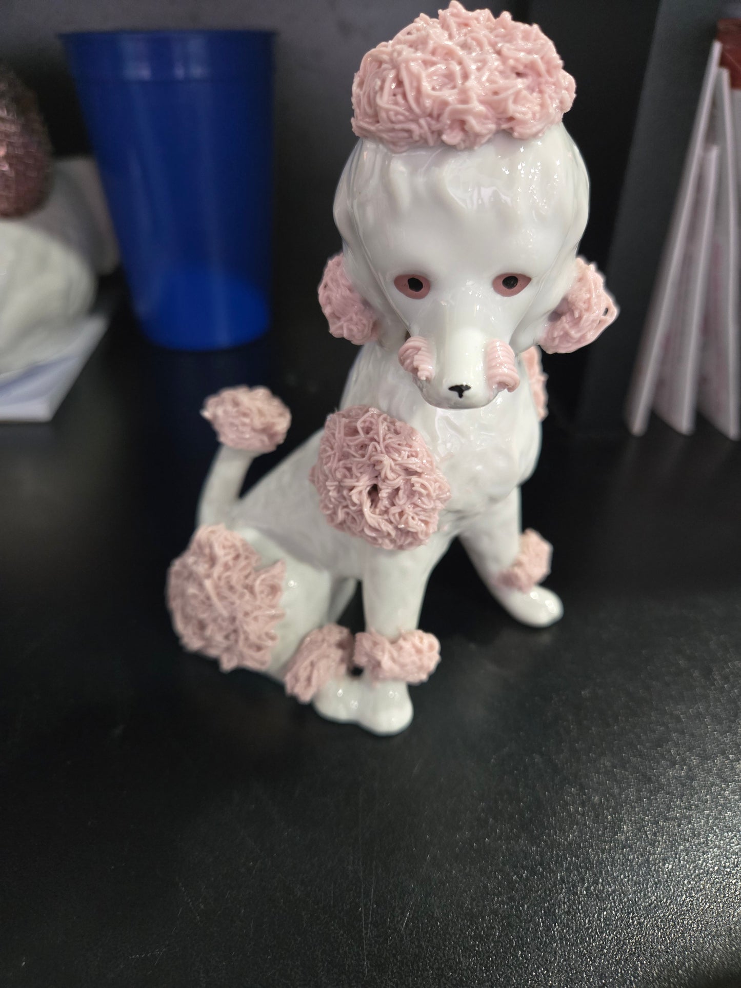 Vintage Porcelain Spaghetti Poodle Figure w/ Pink Trim