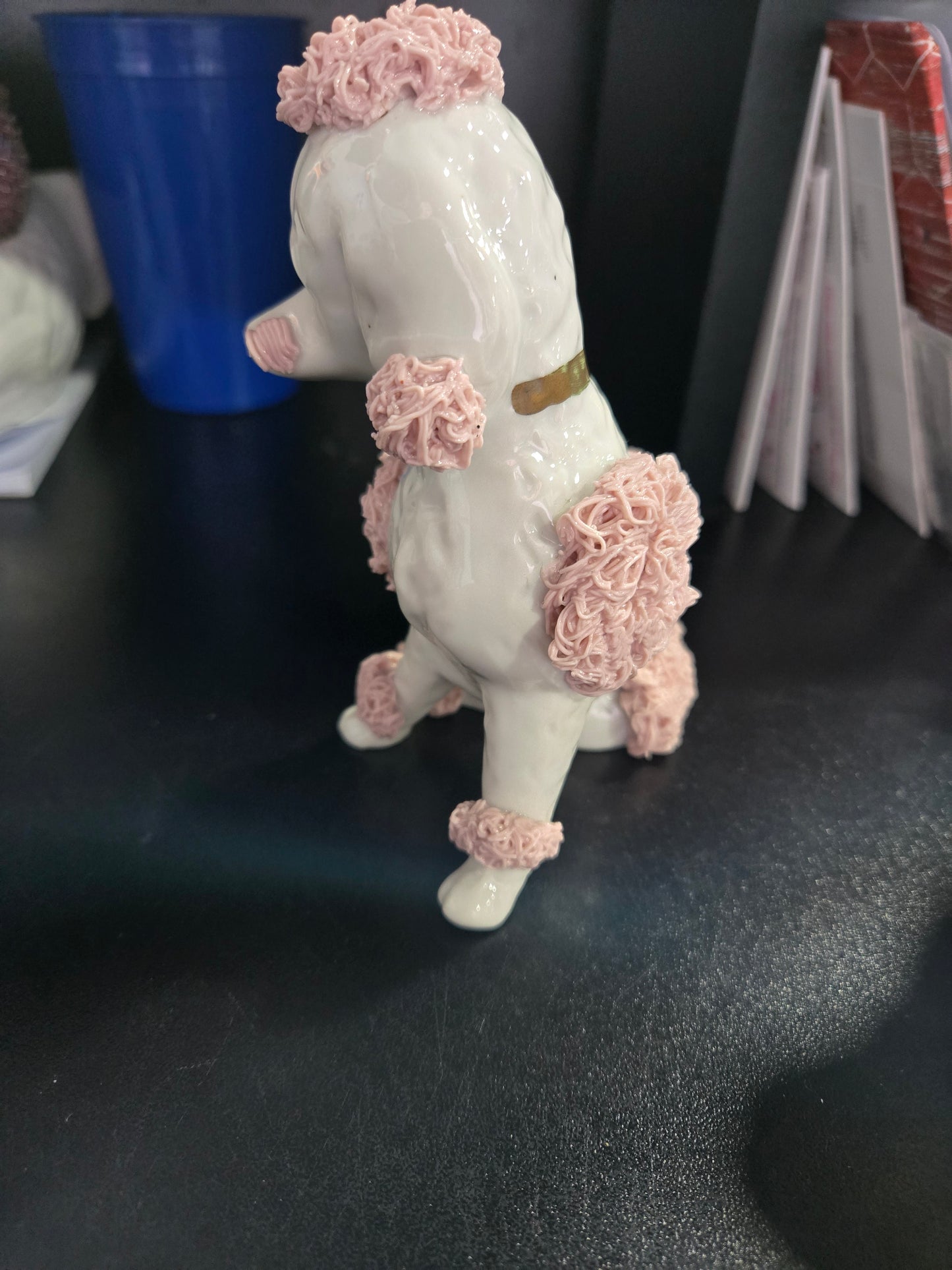 Vintage Porcelain Spaghetti Poodle Figure w/ Pink Trim