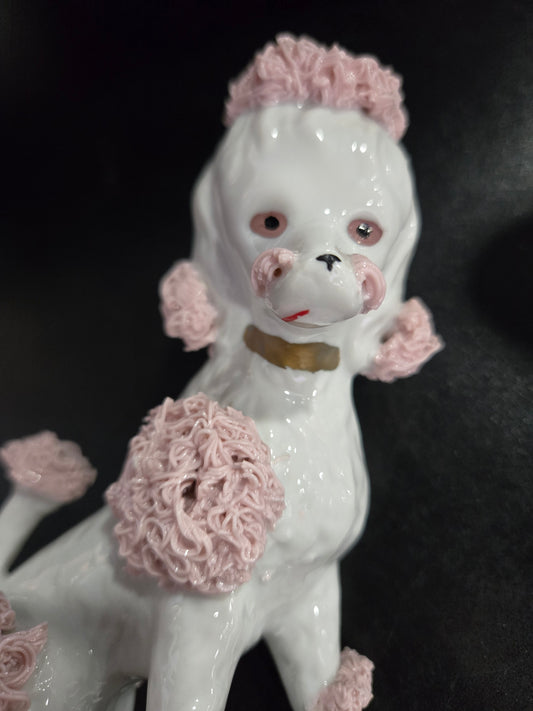Vintage Porcelain Spaghetti Poodle Figure w/ Pink Trim