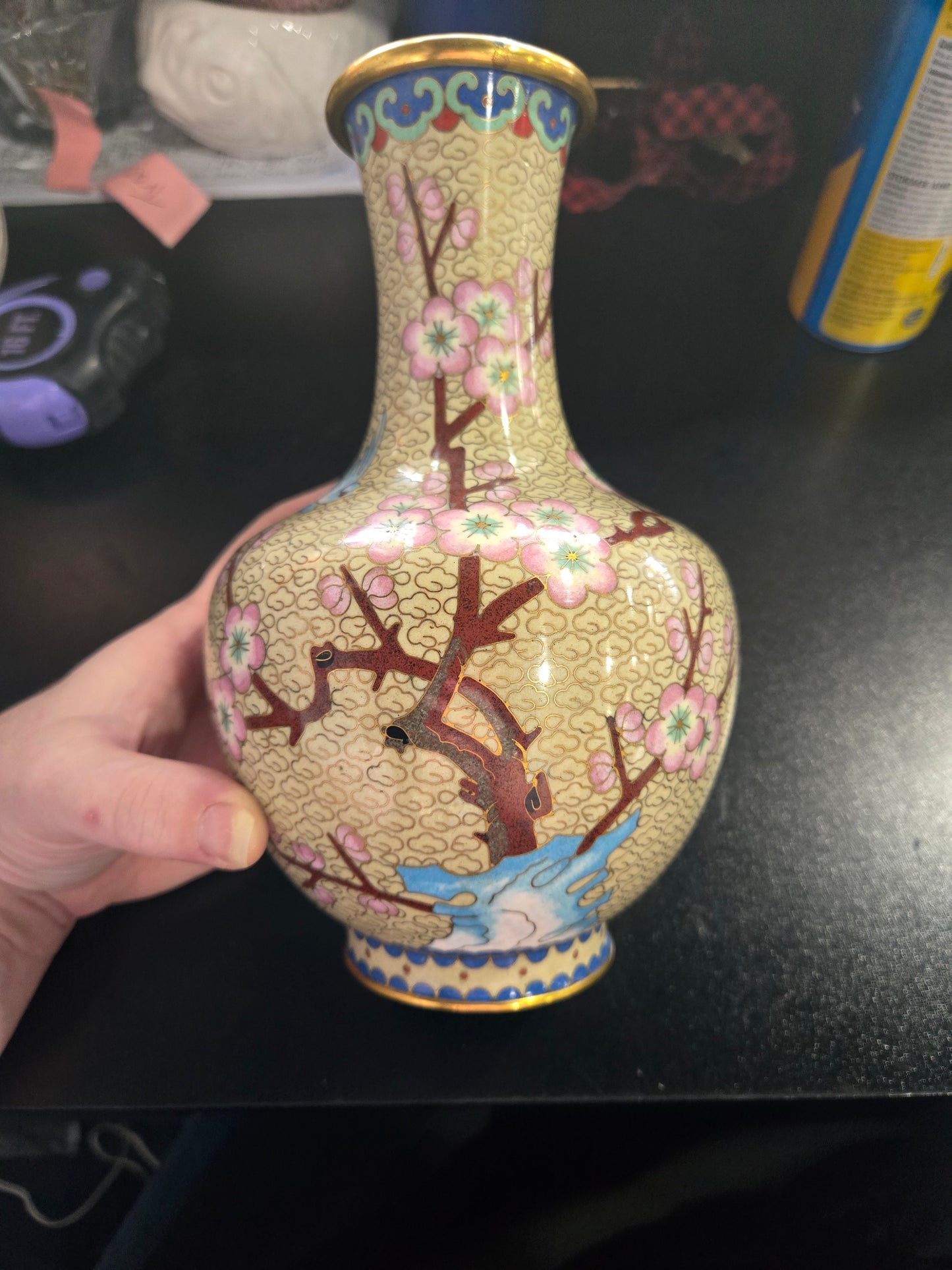 Vintage Chinese Cloisonne vase with floral & bird motifs