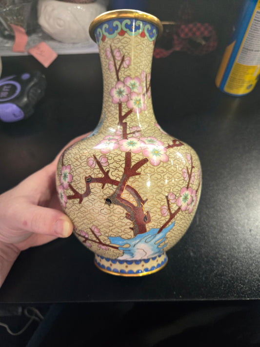 Vintage Chinese Cloisonne vase with floral & bird motifs