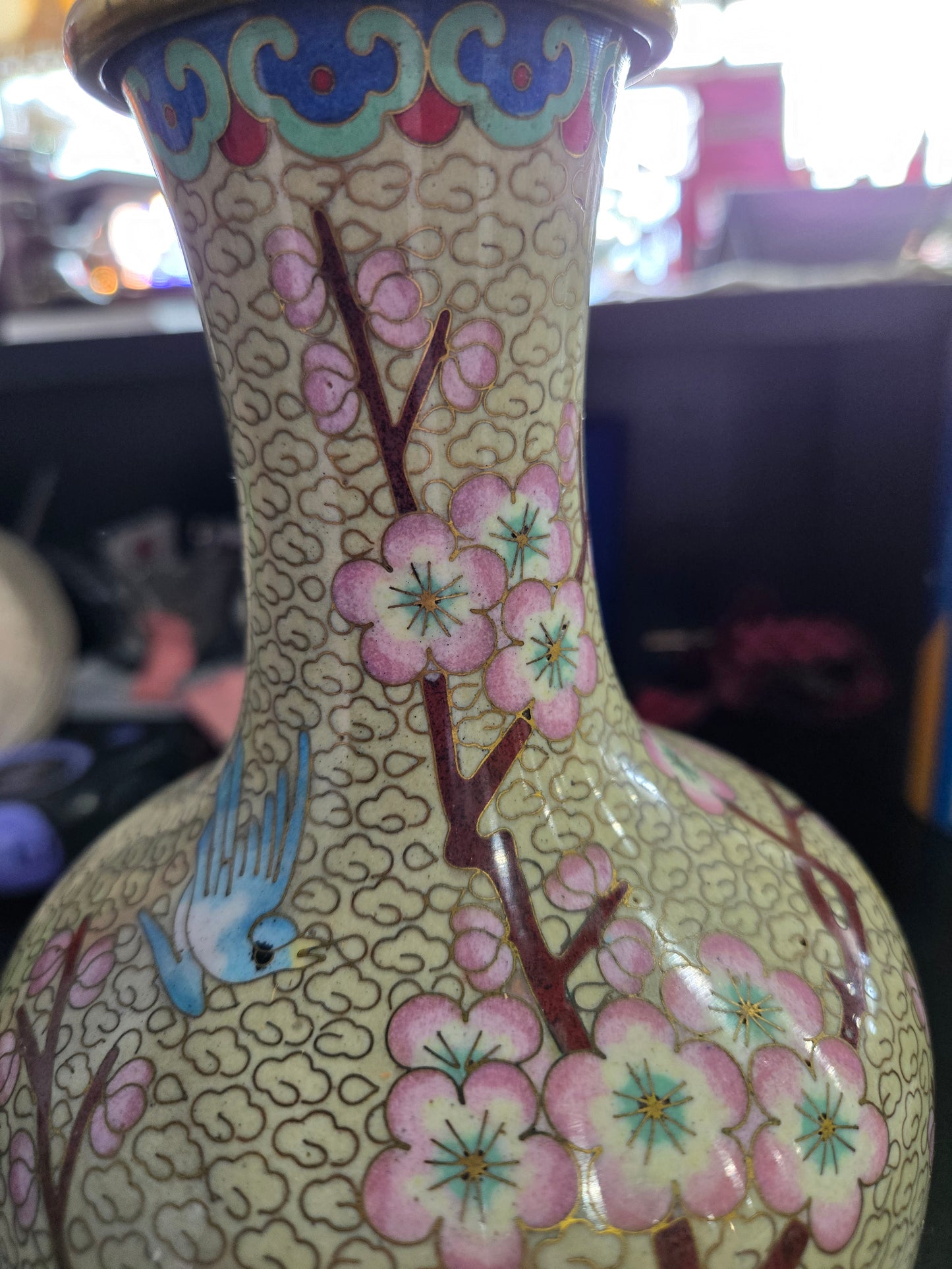 Vintage Chinese Cloisonne vase with floral & bird motifs