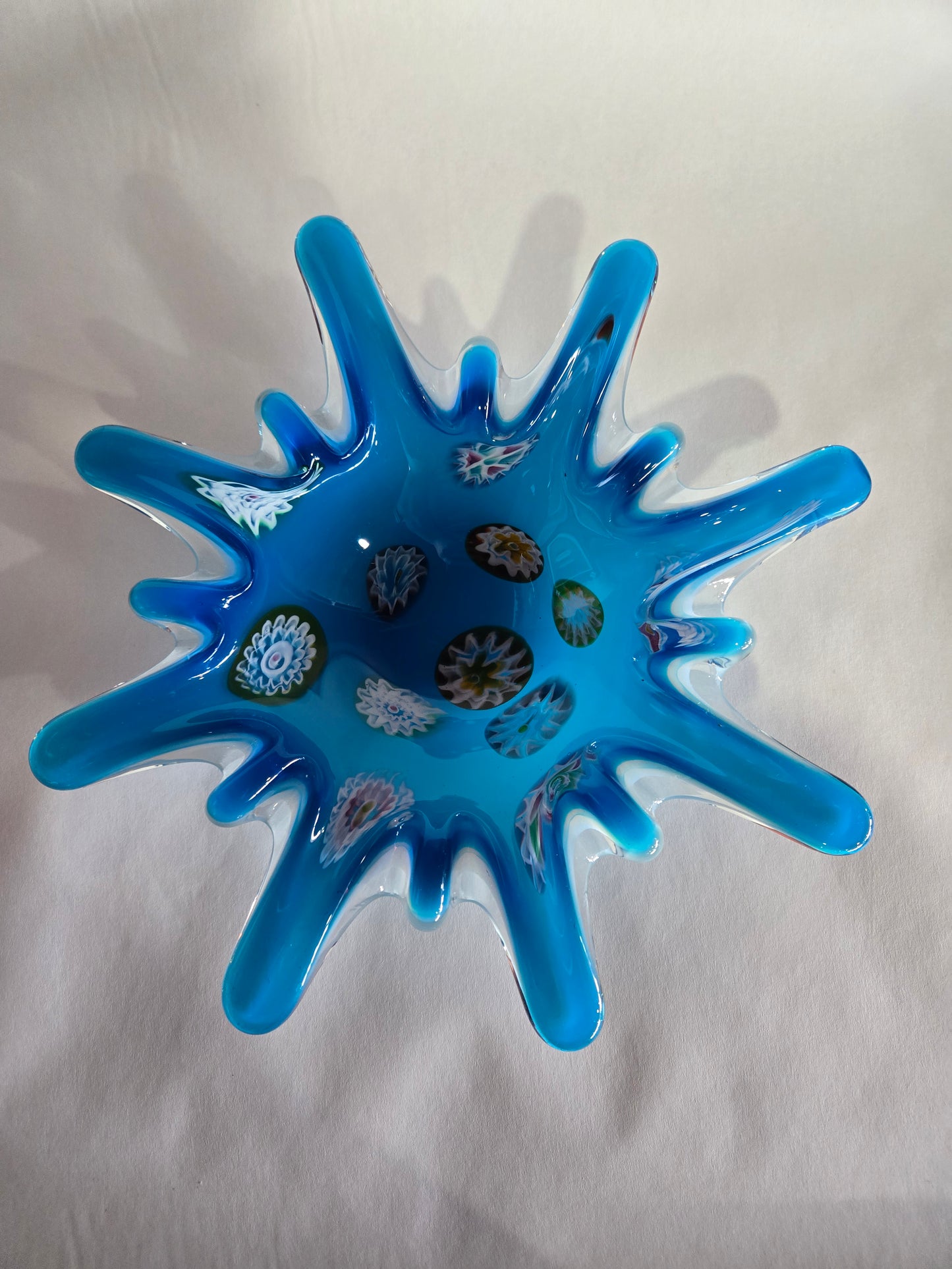 Blue Murano Glass Bowl w/ Millefiori Floral Inclusion