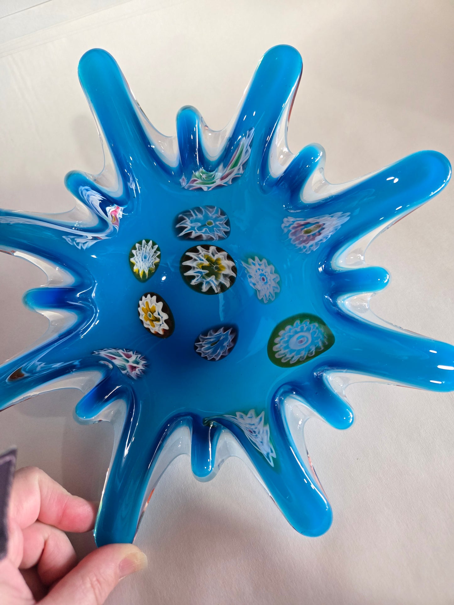 Blue Murano Glass Bowl w/ Millefiori Floral Inclusion