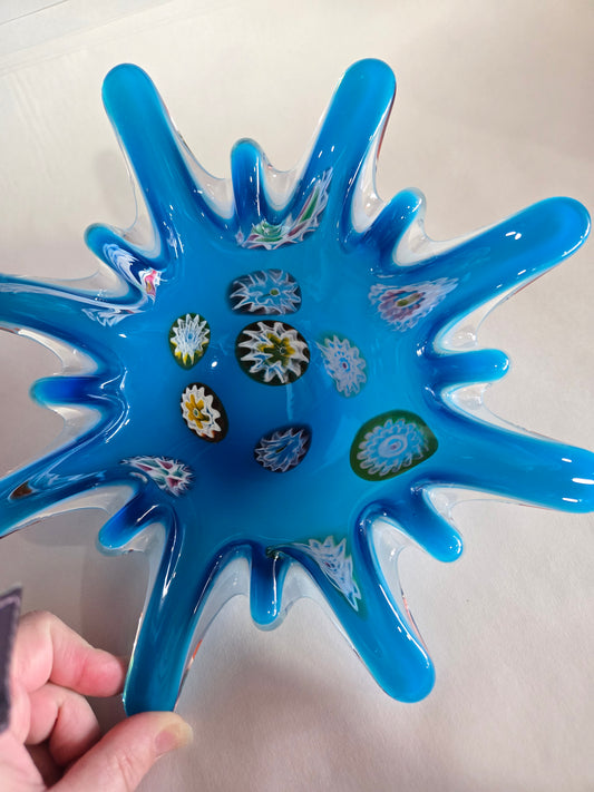 Blue Murano Glass Bowl w/ Millefiori Floral Inclusion