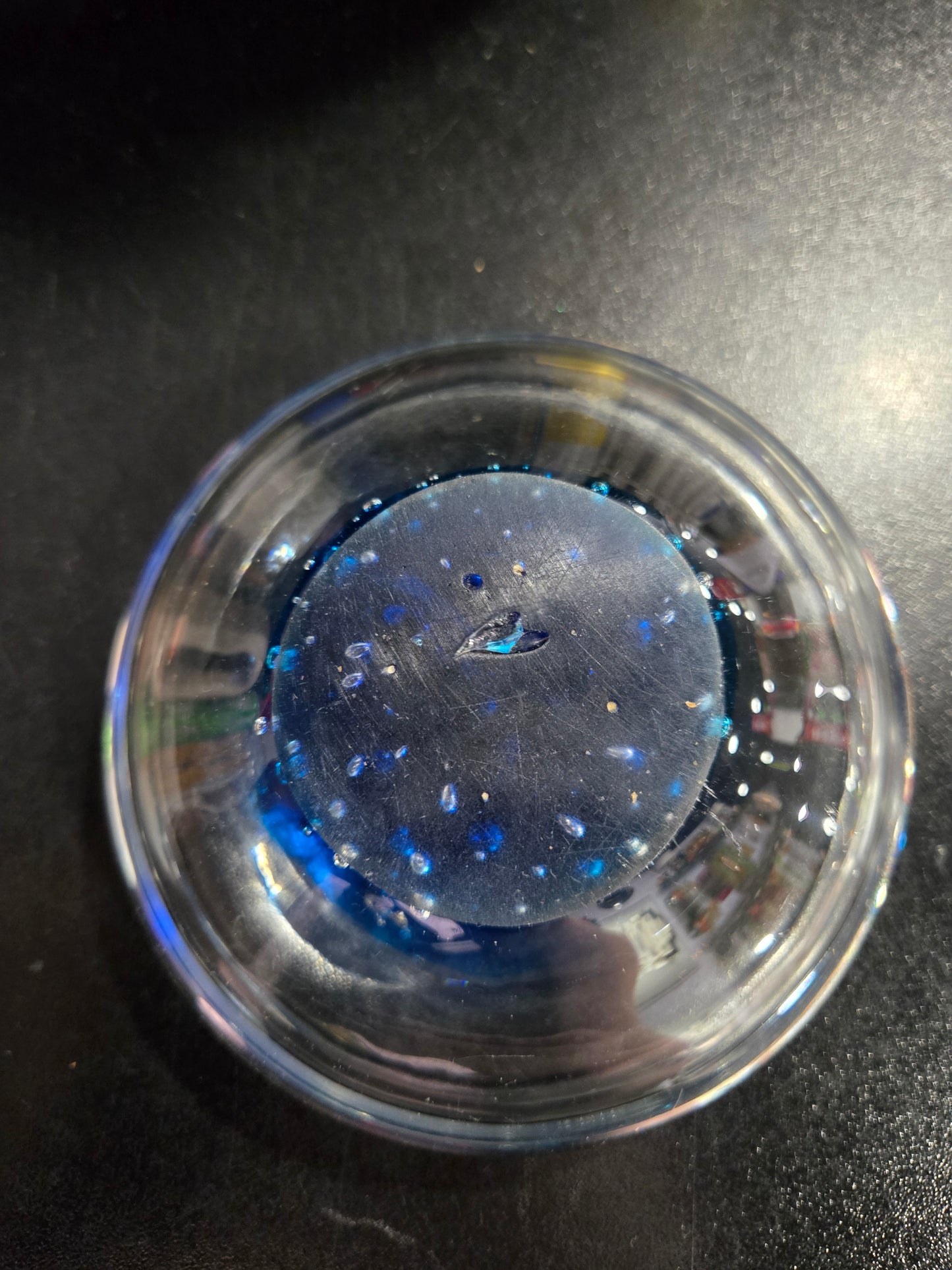 Clear glass bowl with orange fish & bubbles