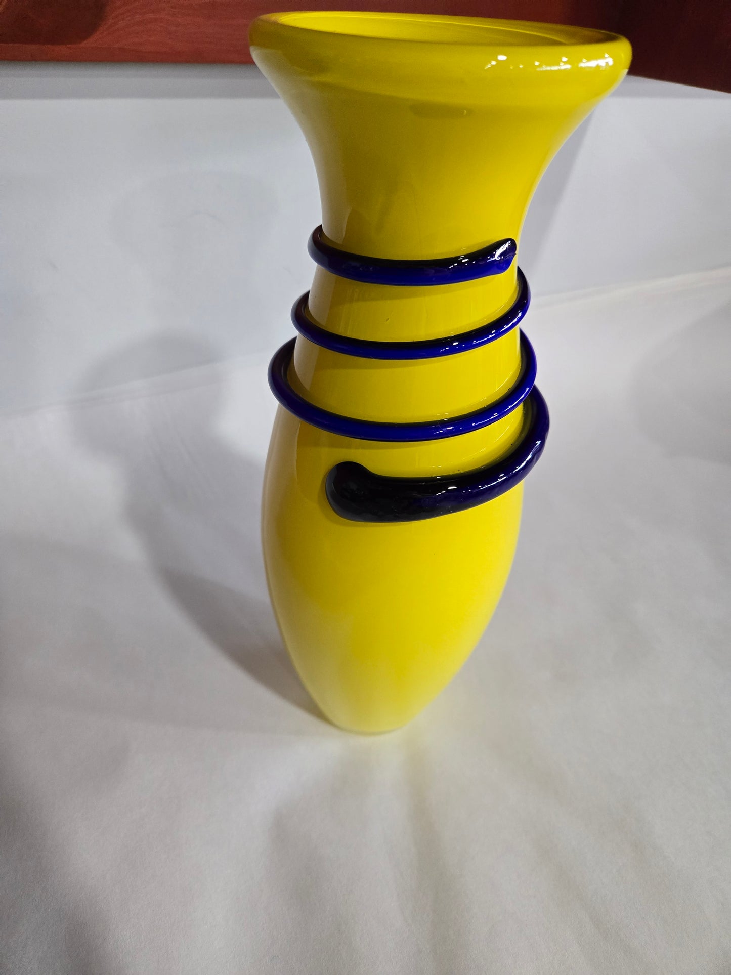 Vibrant Yellow Hand Blown Glass Vase w/ Blue Spiral Accent